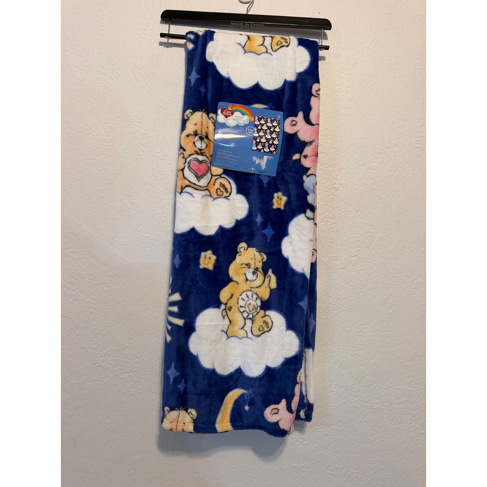 Care Bears Soft Plush Throw Blanket Blue Cloud Stars Moon 50x70 Franco NEW